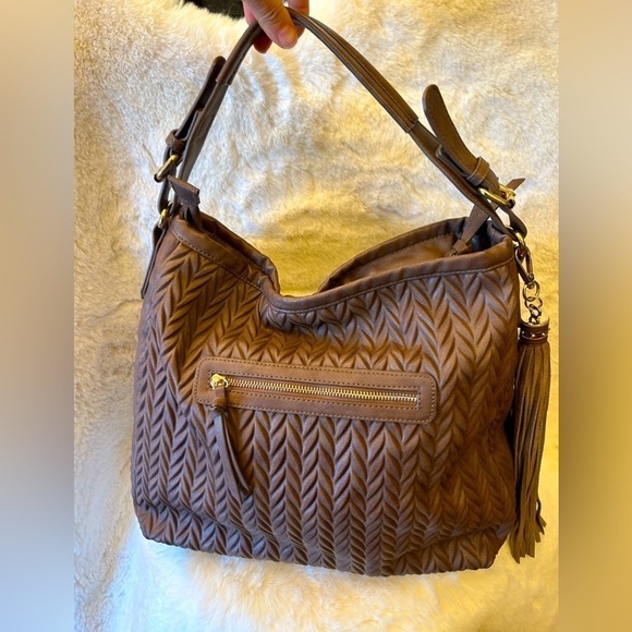 Moda Luxe Expresso brown M/L handbag faux leather abstract herringbone design. J - Picture 3 of 11